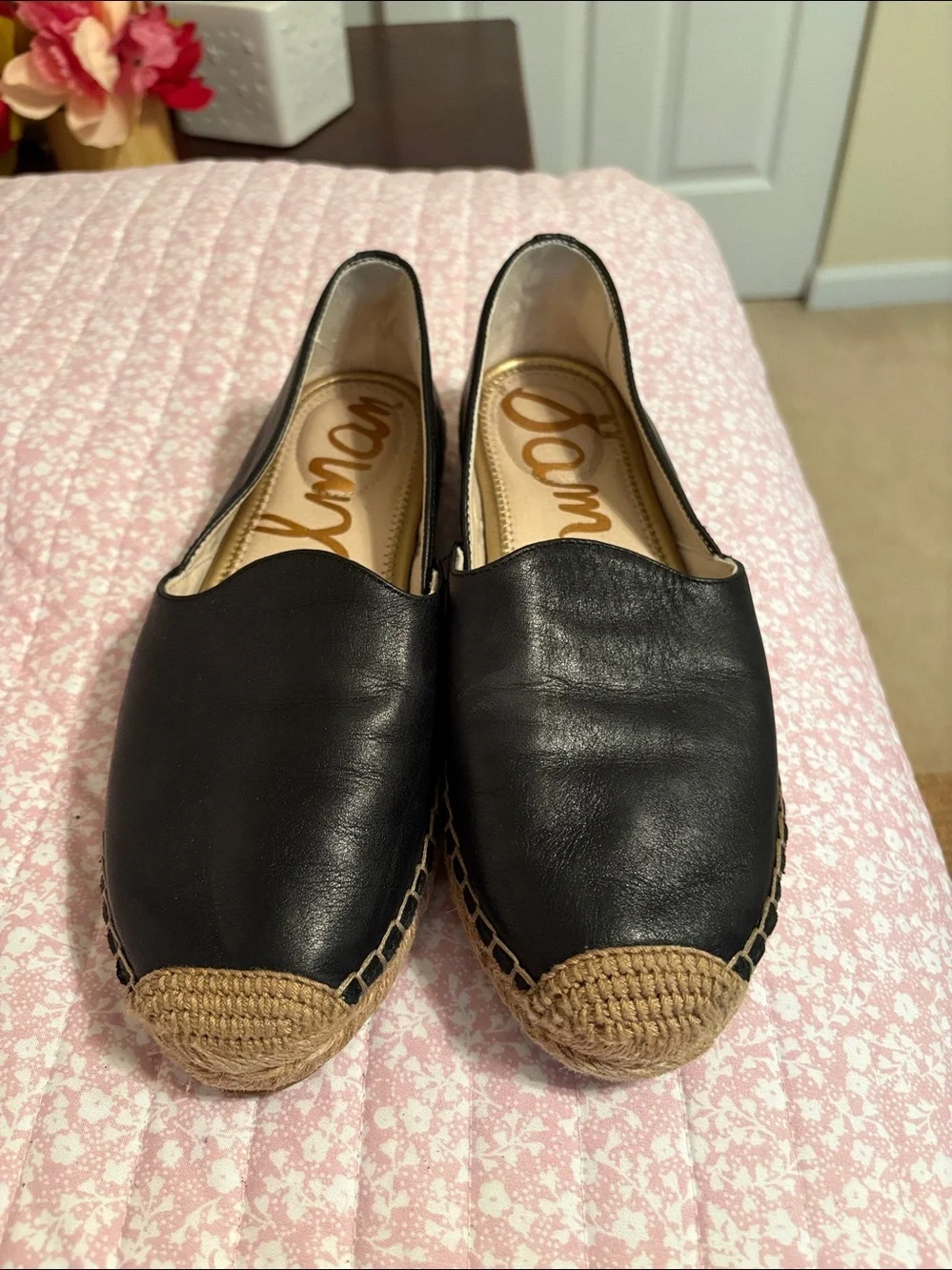 Sam Edelman Black Leather Slip-On Espadrilles with Jute Toe